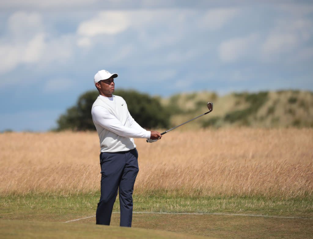 Tiger Woods takes a shot during Day Two of The 150th Open at St Andrews Old Course on July 15, 2022 in St Andrews, United Kingdom.