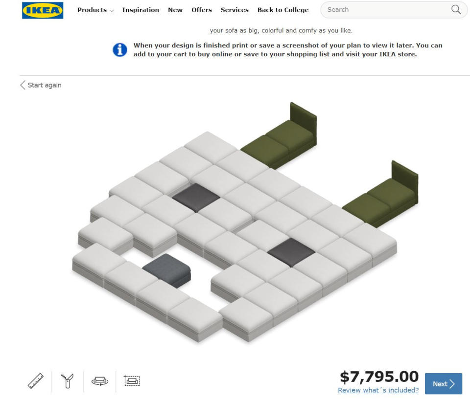 Extravagant sofas made by Ikea customers. See SWNS copy SWCAcouch: IKEA is now offering online customers the chance to design their own sofas - and the outcomes have been hilarious. People hoping to buy a new couch from the Swedish furniture store have been given the chance to create the perfect seating area for their living rooms. But users have taken it upon themselves to use the online tool to create the weirdest and most extravagant designs possible.