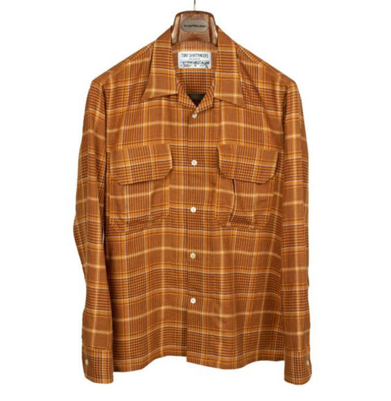 Cargo Pocket long sleeve camp shirt in burnt orange retro plaid cotton and lyocell