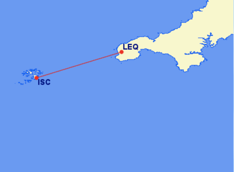 <p>The 20-minute journey between the Isles of Scilly and Land’s End costs £93 one way</p> (Great Circle Mapping)