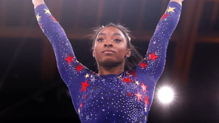 Simone Biles of Team United States competes on vault during Women’s Qualification on Day Two of the Tokyo 2020 Olympic Games Sunday at Ariake Gymnastics Centre in Tokyo, Japan. (Photo by Laurence Griffiths/Getty Images)