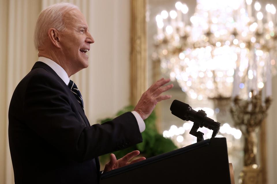 WASHINGTON, DC - MARCH 25: U.S. President Joe Biden talks to reporters during the first news conference of his presidency in the East Room of the White House on March 25, 2021 in Washington, DC.