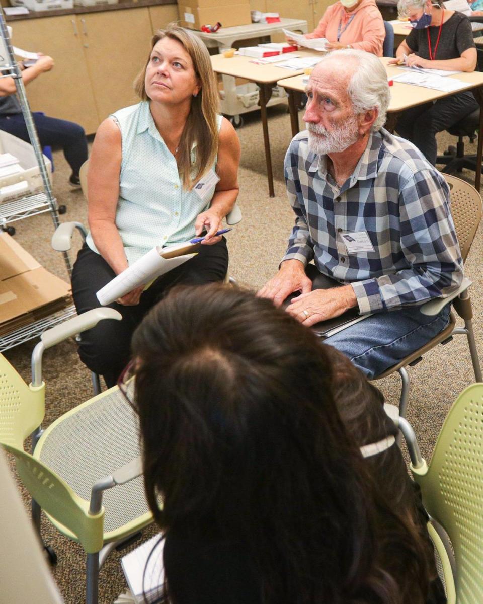 Darcia Stebbens, left, watches ballots being counted at the San Luis Obispo County Clerk-Recorder’s office on Tuesday, June 14, 2022, with Richard Patten and Sherry Martinez.