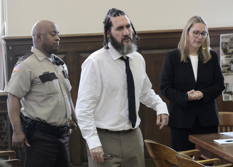 Defendant Thomas Kinworthy Jr. leaves the courtroom after the jury was dismissed to start deliberating during his first-degree murder trial Thursday, May 2, 2024, in the 22nd Circuit Court in St. Louis. Kinworthy was found guilty of first-degree murder and other counts in the death of St. Louis officer Tamarris Bohannon, 29, who was shot and killed and officer Arlando Bailey who was injured during a home invasion in August 2020. (Laurie Skrivan/St. Louis Post-Dispatch via AP, Pool)