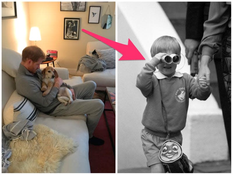 Left: Prince Harry in Nottingham Cottage. Right: A photo of young Prince Harry holding up a pair of handmade binoculars