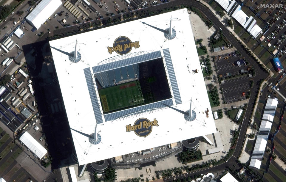 This satellite image taken Jan. 26, 2020, and provided by Maxar Technologies shows Hard Rock Stadium in Miami Gardens, Fla. The San Francisco 49ers are scheduled to face the Kansas City Chiefs in the NFL Super Bowl 54 football game on Sunday at the stadium. (Satellite image ©2020 Maxar Technologies via AP)