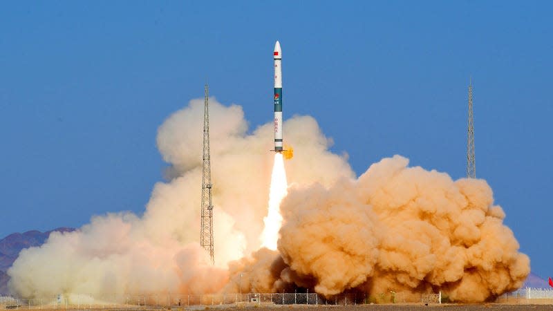 A Kuaizhou-1A rocket blasts off at the Jiuquan Satellite Launch Center to send a satellite into the orbit in northwest China Wednesday, Oct. 27, 2021.