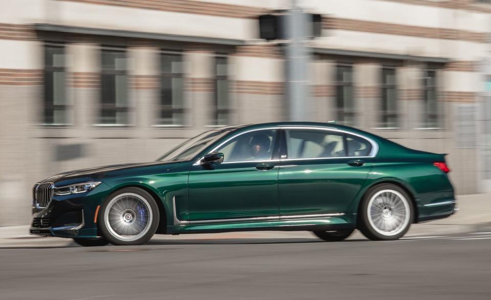 <p>The 2020 <a href="https://www.caranddriver.com/bmw/7-series" rel="nofollow noopener" target="_blank" data-ylk="slk:BMW Alpina B7;elm:context_link;itc:0;sec:content-canvas" class="link ">BMW Alpina B7</a> is more than just a big butt and a smile. Its 600-hp twin-turbocharged 4.4-liter V-8 is mighty and a necessary part of moving the 4940-pound Bavarian to 60 mph in just 3.2 seconds. It's got a big price tag, too, starting at $143,795, but the B7 is quicker and still $15,000 cheaper than the 601-hp <a href="https://www.caranddriver.com/reviews/a15097193/2017-bmw-m760i-xdrive-first-drive-review/" rel="nofollow noopener" target="_blank" data-ylk="slk:BMW M760i;elm:context_link;itc:0;sec:content-canvas" class="link ">BMW M760i</a>. Better yet, it's also quicker than <a href="https://www.caranddriver.com/reviews/a34388822/2021-dodge-charger-srt-hellcat-redeye-by-the-numbers/" rel="nofollow noopener" target="_blank" data-ylk="slk:Dodge's 797-hp Challenger Hellcat Redeye;elm:context_link;itc:0;sec:content-canvas" class="link ">Dodge's 797-hp Challenger Hellcat Redeye</a>. The B7's eight-speed transmission and all-wheel-drive system work in harmony to smoothly deliver on whatever the 4.4-liter demands. The Michelin Pilot Super Sport tires delivered impressive grip numbers, as the B7 held 0.95 g on our 300-foot skidpad. It's a pretty comfortable way to go fast.</p>