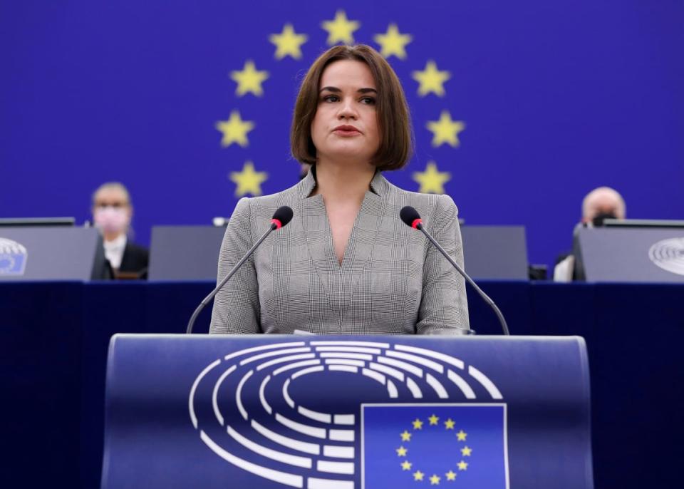 <div class="inline-image__caption"><p>Belarusian opposition leader Sviatlana Tsikhanouskaya delivers a speech at the European Parliament in Strasbourg, France, Nov. 24, 2021.</p></div> <div class="inline-image__credit">Julien Warnand/Pool via Reuters</div>