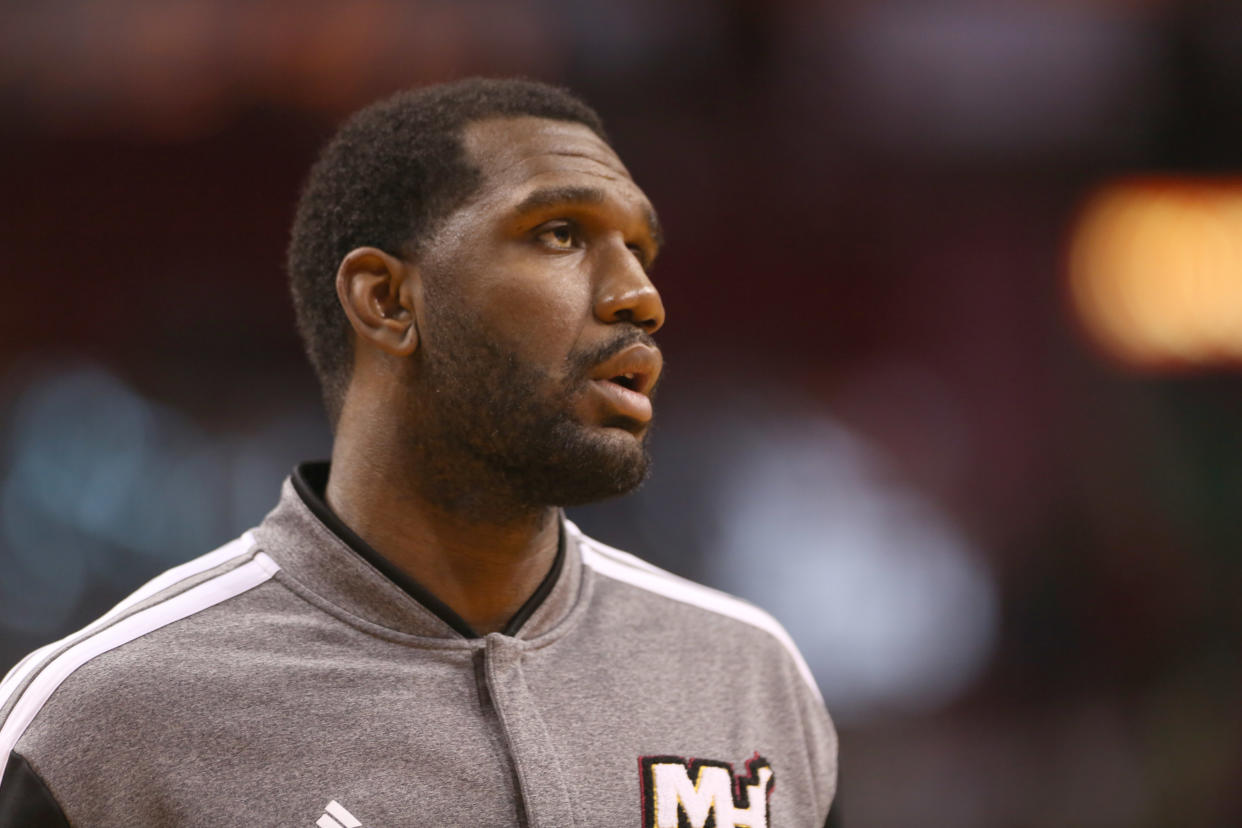 MIAMI, FL - FEBRUARY 23:  Center Greg Oden #20 of the Miami Heat plays against the Chicago Bulls at AmericanAirlines Arena on February 23, 2014 in Miami, Florida.The Heat defeated the Bulls 93-79. NOTE TO USER: User Expressly acknowledges and agrees that, by downloading and or using this photograph, user is consenting to the terms and conditions of the Getty Images Liscense Agreement.  (Photo by Marc Serota/Getty Images)