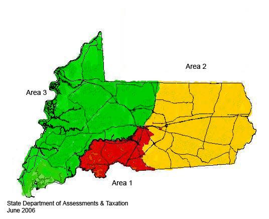 This Maryland Department of Assessments and Taxation map for Wicomico County shows the three geographical property assessment areas. Group two, in yellow, was reassessed for 2023. Group 3, in green, will be reassessed for 2024.
