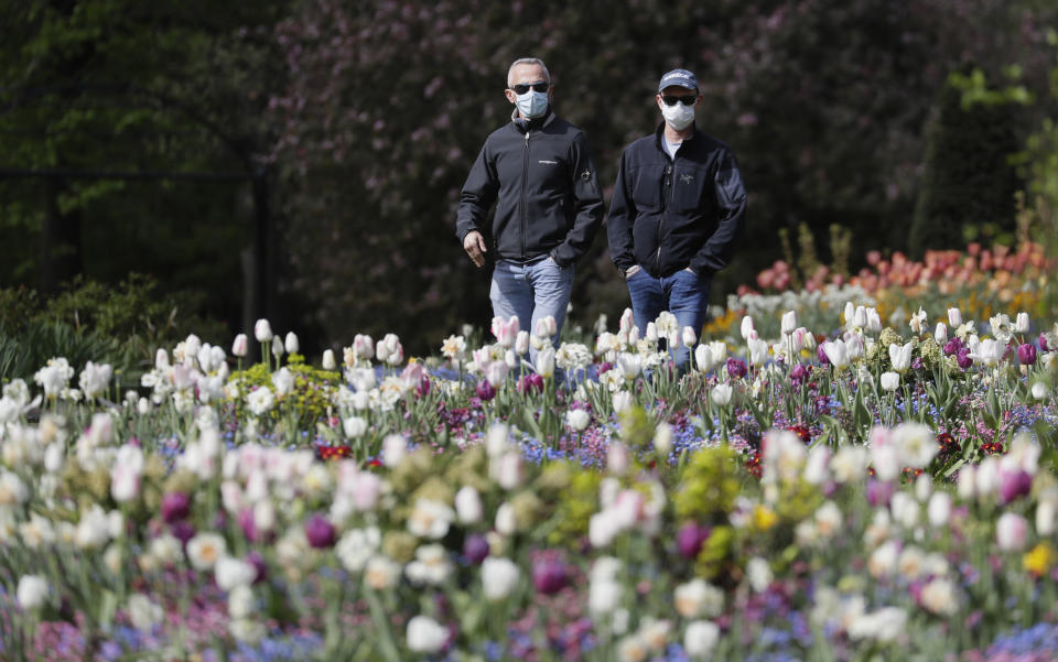 Men wear protective masks as they walk past a display of tulips in Hyde Park, as the country is in lockdown to help curb the spread of the coronavirus, in London, Monday, April 13, 2020. The new coronavirus causes mild or moderate symptoms for most people, but for some, especially older adults and people with existing health problems, it can cause more severe illness or death. (AP Photo/Kirsty Wigglesworth)