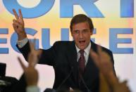 Social Democratic Party leader and Prime Minister Pedro Passos Coelho celebrates with supporters in Lisbon after winning the general elections on October 4, 2015