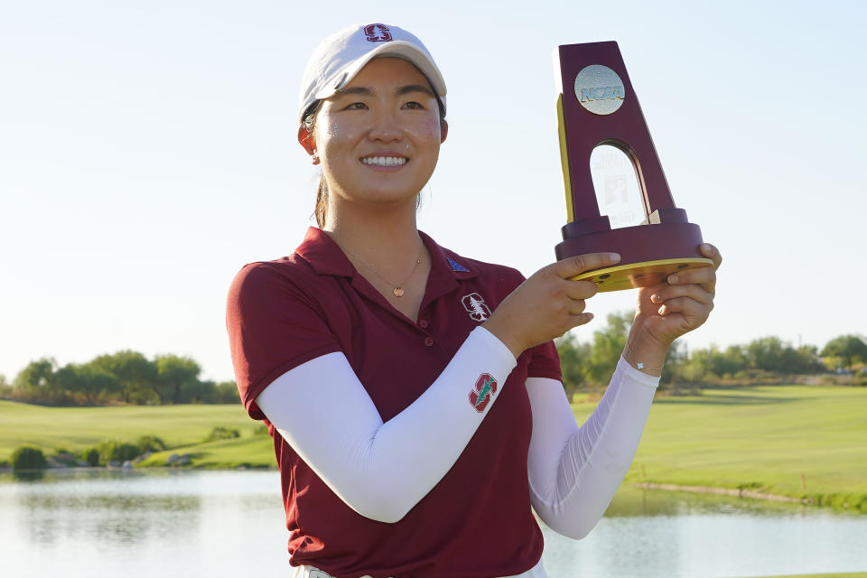 Stanford golfer Rose Zhang holds the champions trophy after the final round of the NCAA college women's golf championship at Grayhawk Golf Club, Monday, May 22, 2023, in Scottsdale, Ariz. (AP Photo/Matt York)