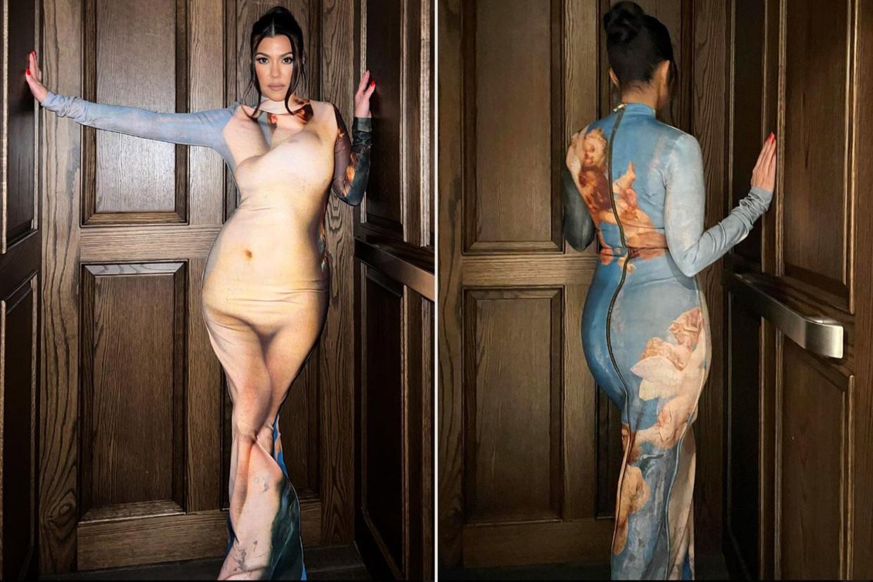 Kourtney Kardashian Wears Optical Illusion Nude Dress