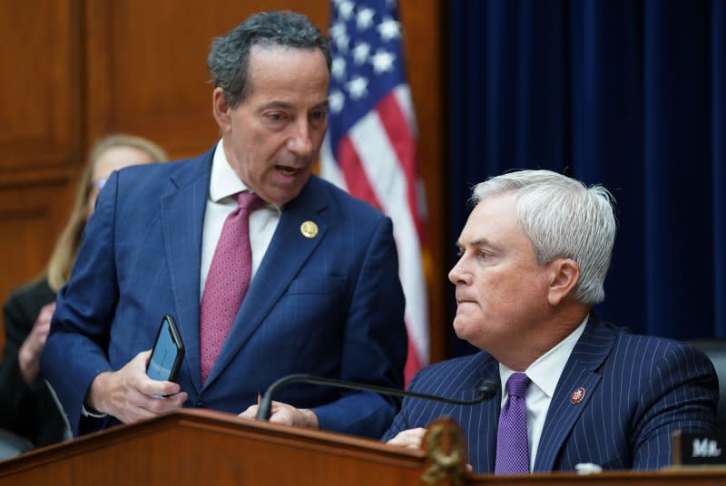 Ranking member Jamie Raskin, D-Md., of the House Oversight and Accountability Committee on Thursday chastised Committee Chairman James Comer, R-Ky., (R) during a hearing Thursday for trying to hold Attorney General Merrick Garland in contempt of Congress. File Photo by Bonnie Cash/UPI