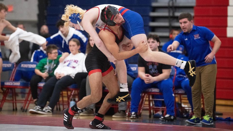 Kingsway's Ramon Alfonso-Arroyo takes down Washington Township's Aiden Hardy during the 132 lb. bout of the wrestling meet held at Washington Township High School on Monday, February 5, 2024. Alfonso-Arroyo defeated Hardy, 14-6.