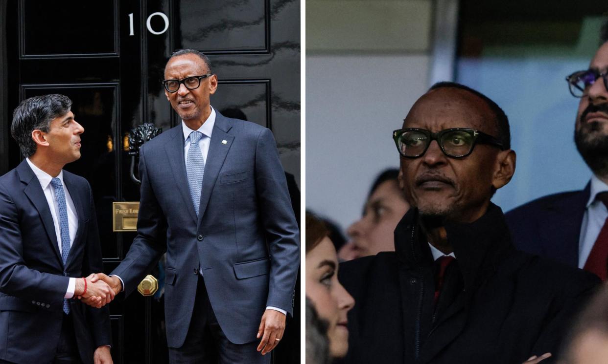 <span>Paul Kagame visiting Rishi Sunak at No 10 on 9 April before, right, attending the match.</span><span>Composite: Getty/EPA</span>