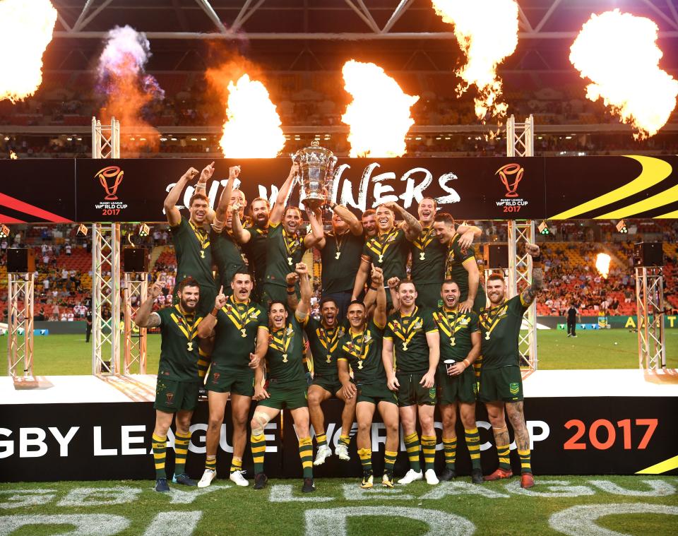 Australia pose with the trophy after the final of the 2017 Rugby League World Cup (Gregg Porteous/PA) (PA Media)