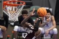 Mississippi State guard D.J. Stewart Jr. (3) takes a shot in the first half of an NCAA college basketball game against Louisiana Tech in the semifinals of the NIT, Saturday, March 27, 2021, in Frisco, Texas. (AP Photo/Tony Gutierrez)