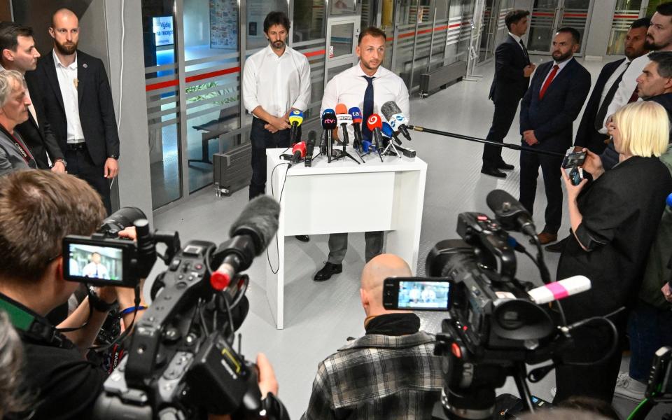 Slovakia's Interior Minister Matus Sutaj Estok speaks during a joint press conference with Deputy Prime Minister and Defence Minister of Slovakia Robert Kalinak