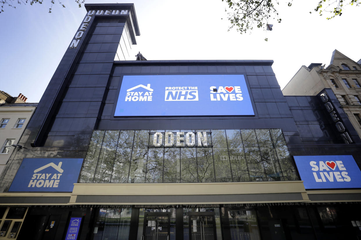 The Odeon Cinema in Leicester Square in London, Thursday, April 16, 2020. (AP Photo/Kirsty Wigglesworth)