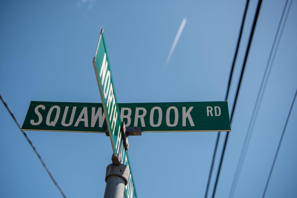 April 20, 2022; North Haledon, NJ, USA; Squaw Brook in North Haledon will be given a new name. The federal government is renaming hundreds of geographic features that include the word "squaw," which was determined by the Department of the Interior to be a derogatory term. A street sign shows the name Squaw Brook Road. Mandatory Credit: Anne-Marie Caruso/NorthJersey.com via USA TODAY NETWORK