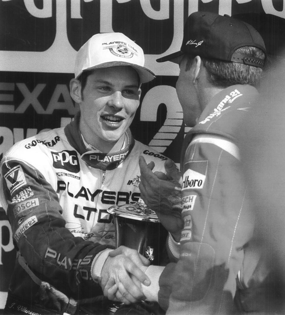 Jacques Villeneuve is congratulated after his victory in the 1994 CART Texaco-Havoline 200 at Road America. He repeated in 1995, 10 years after his uncle of the same name won at the track.