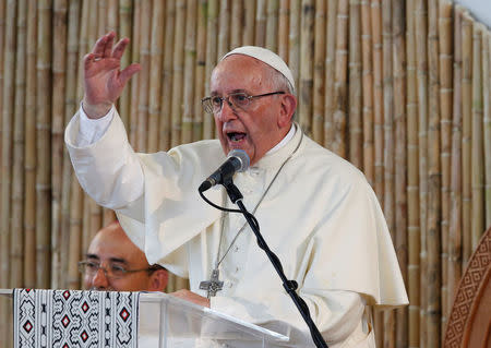 Pope Francis addresses members of Peruvian indigenous groups, at the Coliseum Madre de Dios, in Puerto Maldonado, Peru January 19, 2018. REUTERS/Henry Romero
