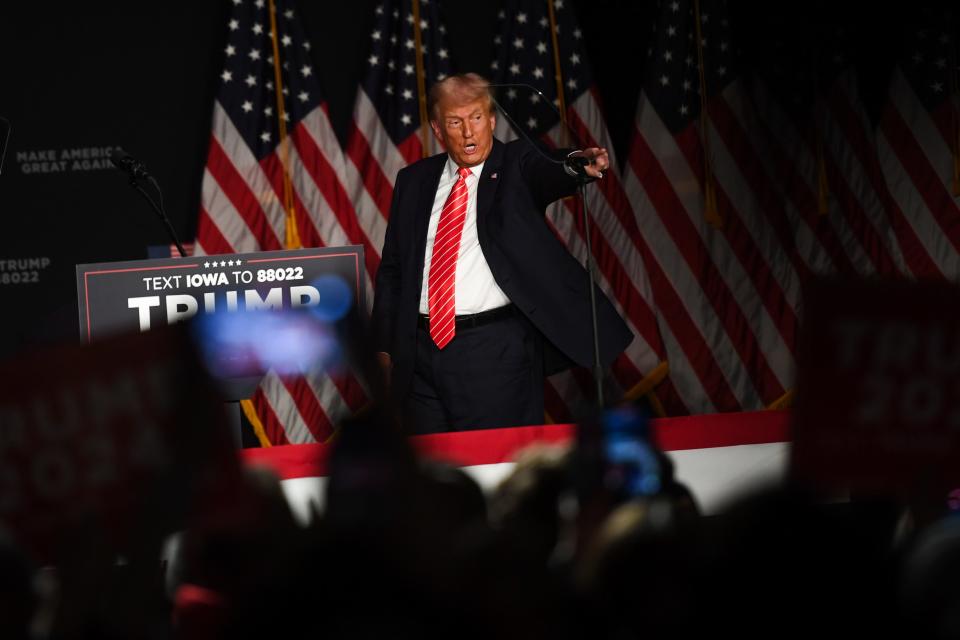 Former President Donald Trump rallies with supporters during a campaign stop Sunday, October 29, 2023, at Orpheum Theatre in Sioux City, Iowa. He has scheduled a rally in Florida the same evening as the third Republican presidential primary debate.