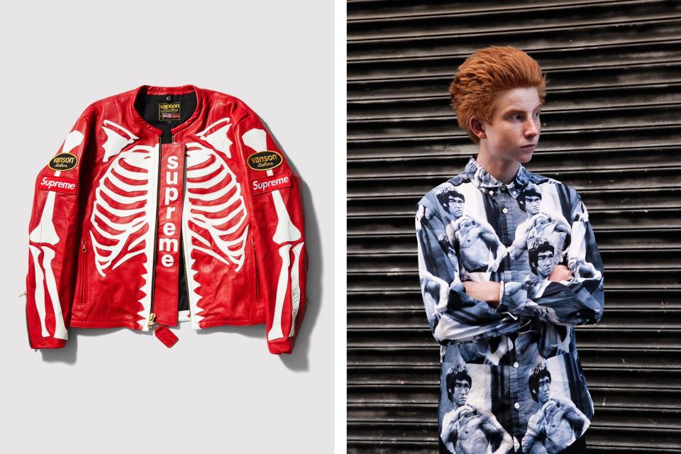 Left: Supreme/Vanson leather Bones jacket, fall- winter 2017; Right: Aidan Mackey in the Supreme x Bruce Lee collaboration shirt from the fall- winter 2013 collection