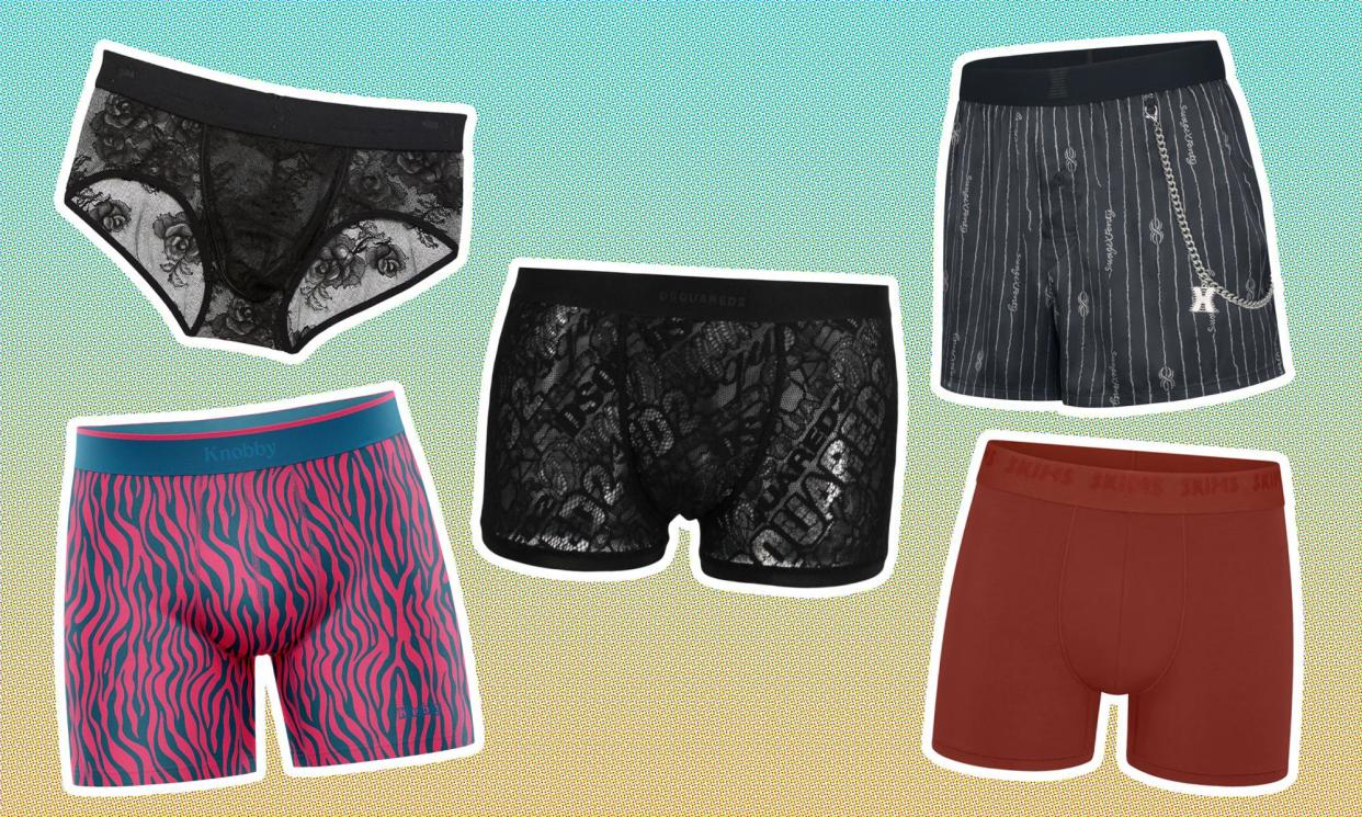 <span>Clockwise from top left: Fleur du Mal lace briefs, D Squared lace boxer briefs, Savage X Fenty chain boxers, Skims boxer briefs, Knobby’s magenta printed boxer briefs</span><span>Composite: Supplied</span>