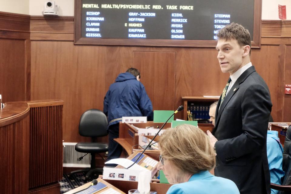 Sen. Forrest Dunbar speaks on May 10, 2024, in support of a bill that would establish a task force to make recommendations on how the state should regulate psychedelics that are expected to be approved by the Food and Drug Administration for treatment of mental disorders. (Photo by Claire Stremple/Alaska Beacon)