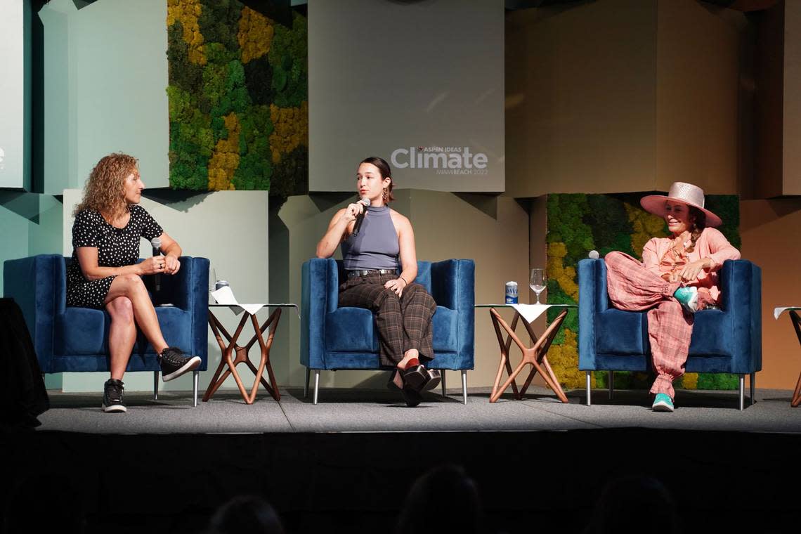 Laura Stieghorst speaks at the Aspen Ideas: Climate Summit closing ceremony in Miami Beach alongside XPRIZE Foundation CEO Anousheh Ansari and Reefline founder Ximena Caminos.