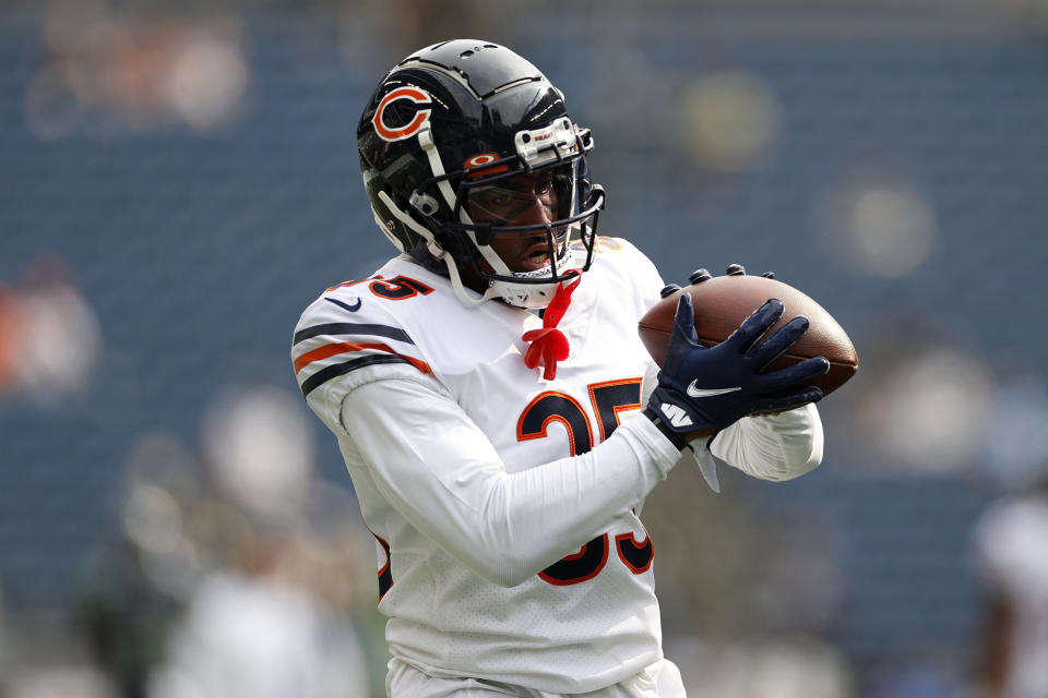 SEATTLE, WASHINGTON – AUGUST 18: Khari Blasingame #35 of the Chicago Bears warms up before the preseason game between the <a class="link " href="https://sports.yahoo.com/nfl/teams/seattle/" data-i13n="sec:content-canvas;subsec:anchor_text;elm:context_link" data-ylk="slk:Seattle Seahawks;sec:content-canvas;subsec:anchor_text;elm:context_link;itc:0">Seattle Seahawks</a> and the Chicago Bears at Lumen Field on August 18, 2022 in Seattle, Washington. (Photo by Steph Chambers/Getty Images)