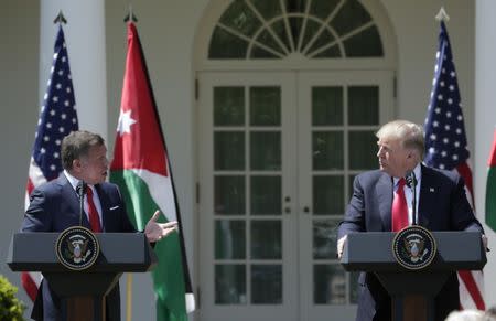 U.S. President Donald Trump (R) and Jordan's King Abdullah II hold a joint news conference in the Rose Garden at the White House in Washington, U.S., April 5, 2017. REUTERS/Yuri Gripas