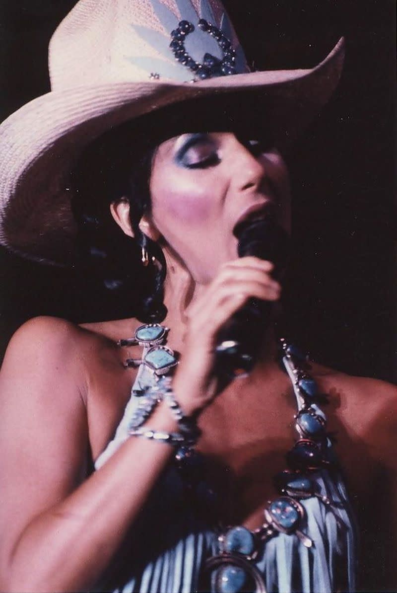 Photo of Cher performing live in Las Vegas (1981).