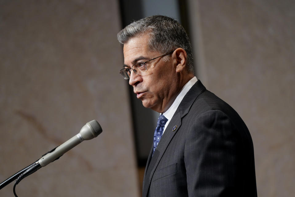 Health and Human Services Secretary Xavier Becerra speaks about actions the Biden administration plans to take in response to the Supreme Court's decision to overturn Roe v. Wade, Tuesday, June 28, 2022, in Washington. (AP Photo/Patrick Semansky)