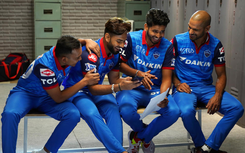 NEW DELHI, INDIA - MARCH 18: Cricketers Prithvi Shaw, Rishabh Pant, Shreyas Iyer and Shikhar Dhawan of Delhi Capitals in a candid moment sporting the new jersey at the Daikin India team shoot, at ITC Maurya, on March 18, 2019 in New Delhi, India. The Delhi IPL team gets a makeover with a new name, Delhi Capitals, along with new faces and a new jersey. (Photo by Gokul VS/Hindustan Times via Getty Images)