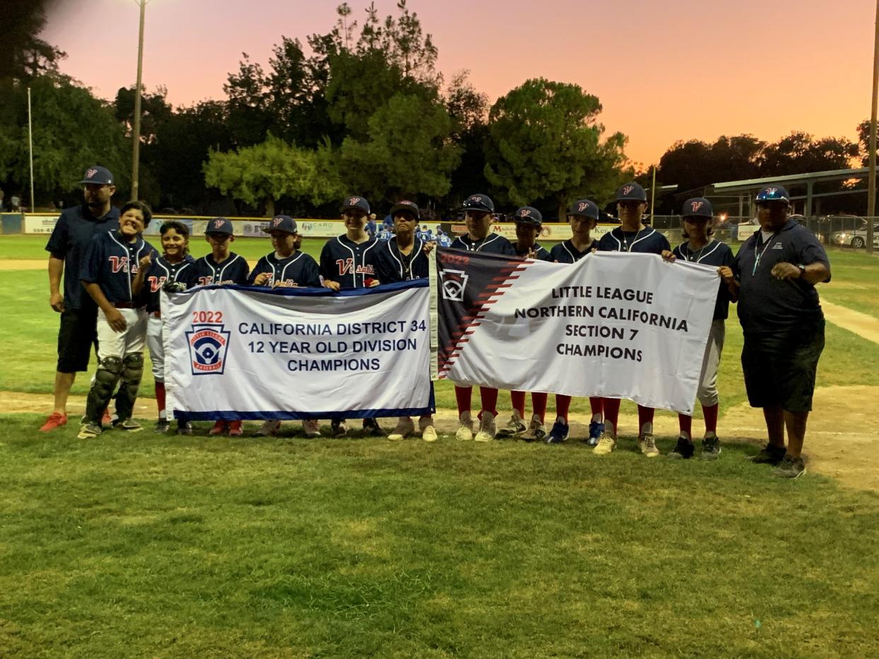 The Visalia Little League 12-year-old All-Stars won the Little League Northern California Section 7 baseball championship on Saturday in Madera. The championship team, left to right: assistant coach Daniel Saldana, Roman Acevedo, Ezra Ramirez, Joaquin Coronado, Gavin Reiboldt, Jake Westmorland, Daniel Saldana,  Kobe Castro, Kyle Montoya, Miguel Rodriguez, Trent Lira, Achilles Perez, manager Daniel Perez.