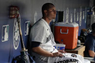 Seattle Mariners starting pitcher Chris Flexen sits in the dugout after he was pulled during the sixth inning of the team's baseball game against the Oakland Athletics, Thursday, July 22, 2021, in Seattle. (AP Photo/Ted S. Warren)