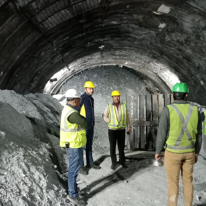 Officers from a rescue team during a rescue operation after a portion of an under-construction tunnel collapsed in Uttarkashi