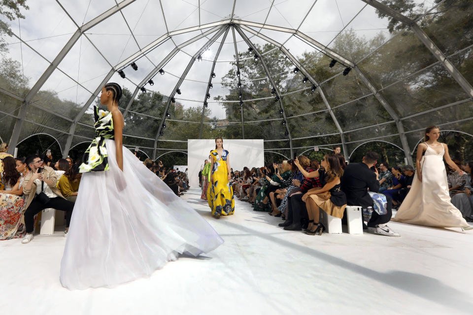 The Carolina Herrera collection is modeled during Fashion Week, in New York, Monday, Sept. 9, 2019. (AP Photo/Richard Drew)