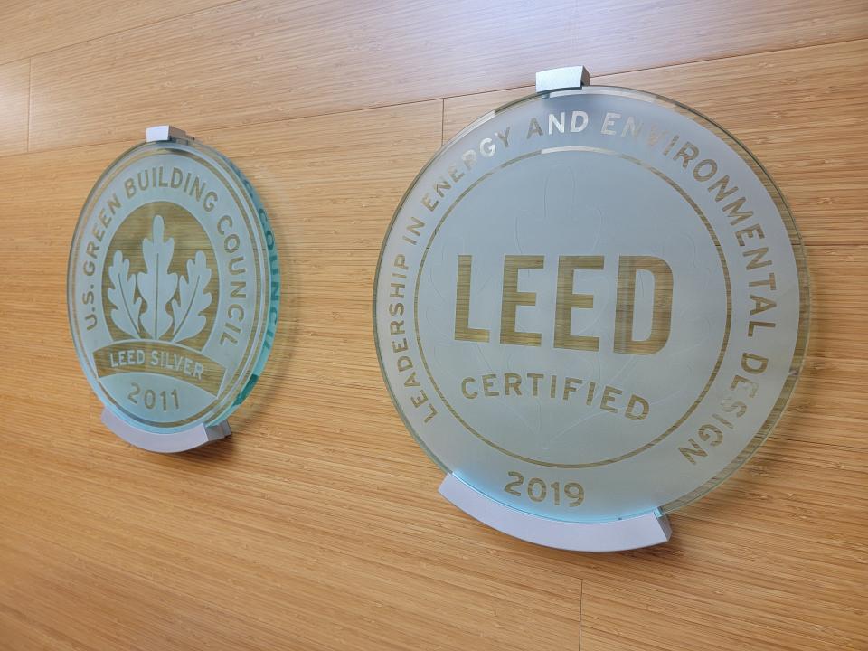 LEED certification plaques hang near the entrance of Ball State’s David Letterman Communication and Media Building. LEED is a voluntary environmental certification developed by the U.S. Green Building Council. The building was the first LEED certified building at Ball State upon its completion in 2007.