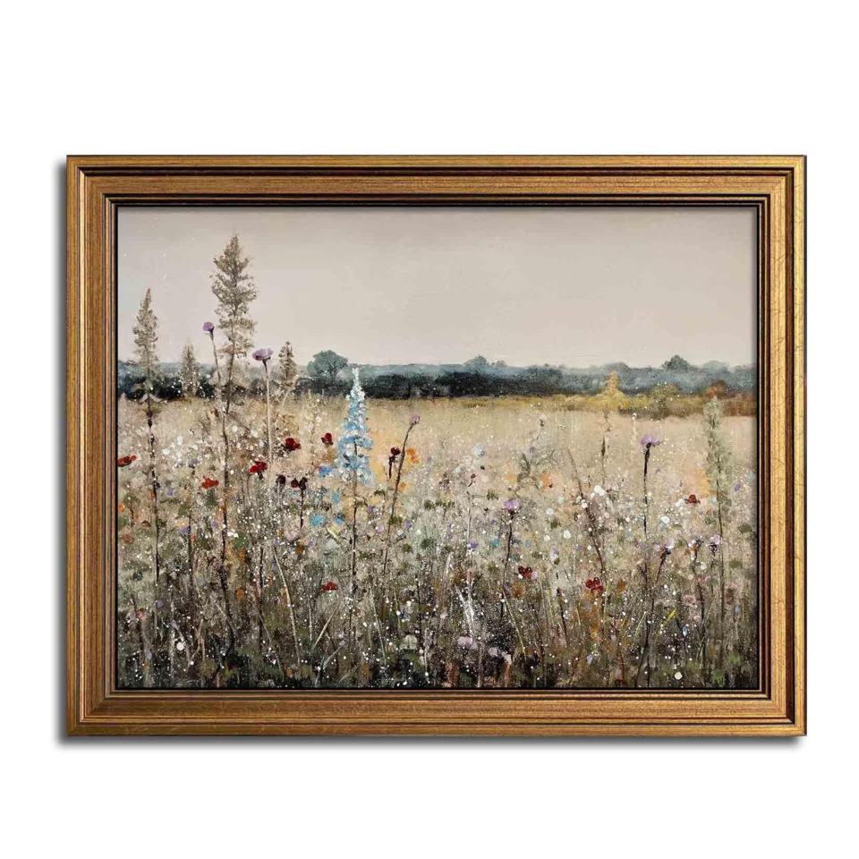 Flower meadow artwork in a gold vintage frame