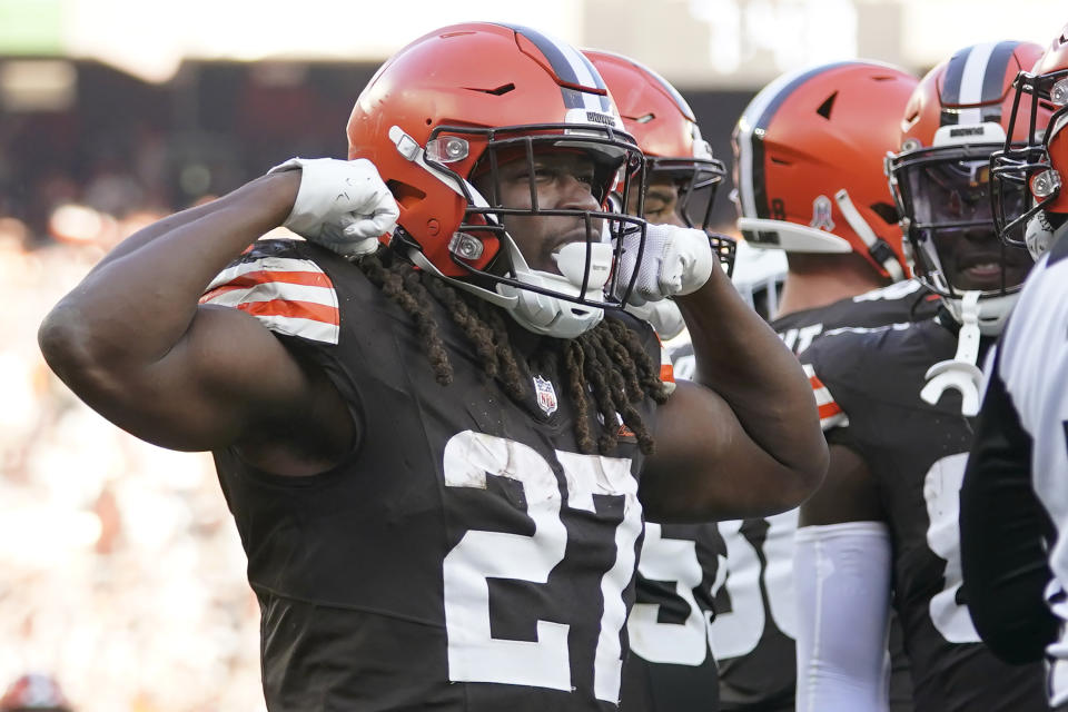 Cleveland Browns running back Kareem Hunt (27) celebrates after scoring against the Arizona Cardinals during the second half of an NFL football game Sunday, Nov. 5, 2023, in Cleveland. (AP Photo/Sue Ogrocki)