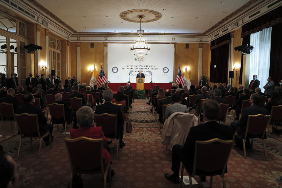 U.S. Secretary of State Mike Pompeo delivers his speech during the "Advancing and Defending International Religious Freedom Through Diplomacy" symposium, in Rome, Wednesday, Sept. 30, 2020. (Guglielmo Mangiapane/Pool Photo via AP)