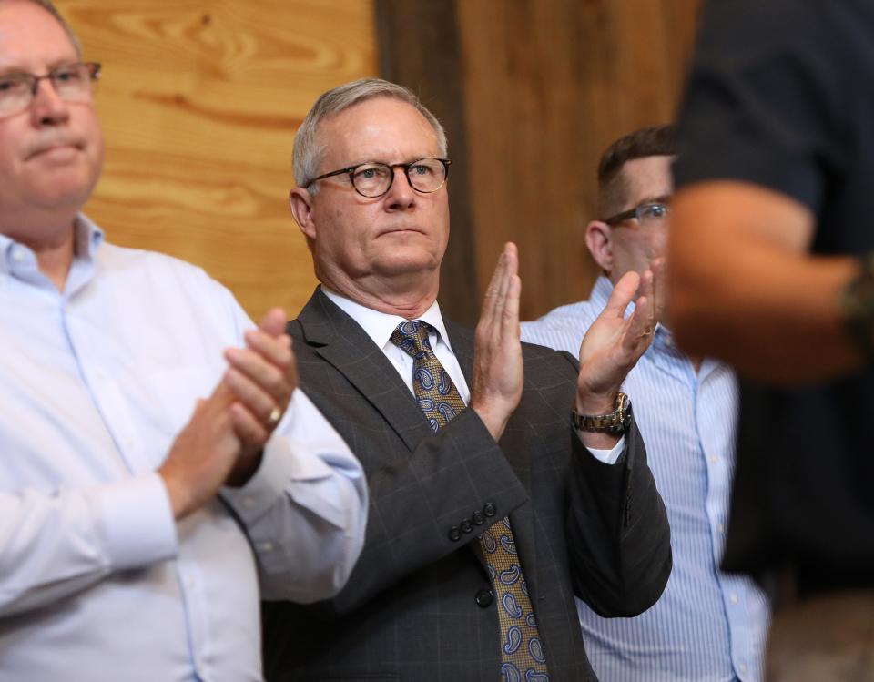 State Representative Chuck Clemons applauds during an anti-vaccine mandate rally held at Clark Plantation in Newberry, Fla. Sept. 13, 2021. Gov. Ron DeSantis was in town during the morning to congratulate the University of Florida for reaching Top 5 status.