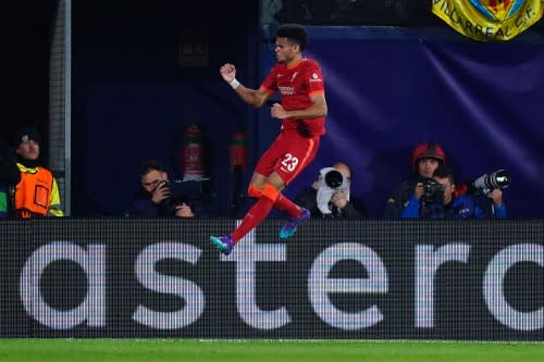 Liverpool&#39;s Luis Diaz celebrates scoring in the Champions League semi-final second leg against Villarreal