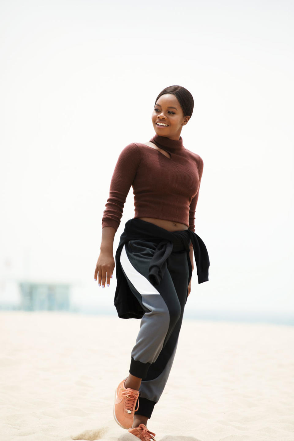 Olympian Gabby Douglas in the blush Cortez by A.L.C. sneakers. (Photo: Courtesy of Danielle Levitt/A.L.C.)